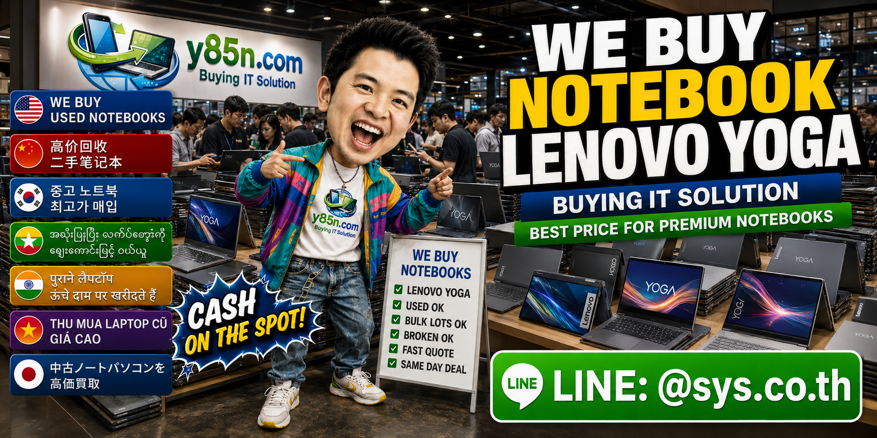 Y85N.com warehouse evaluating Lenovo Yoga notebooks from individuals and companies
