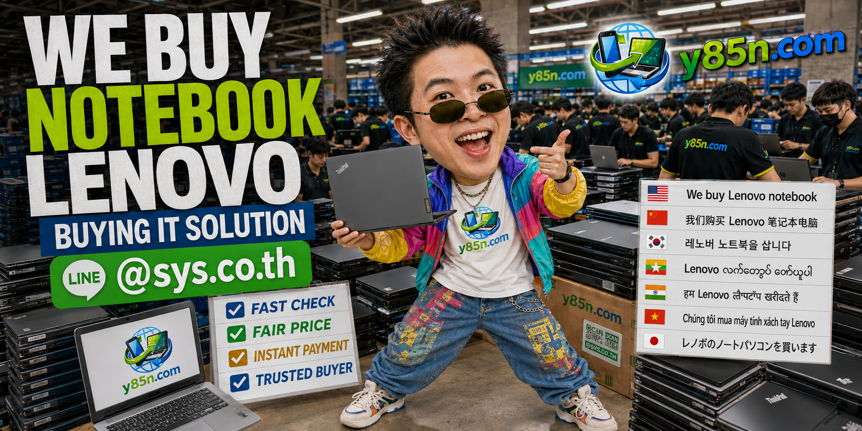 Y85N.com warehouse buying used Lenovo notebooks in Thailand