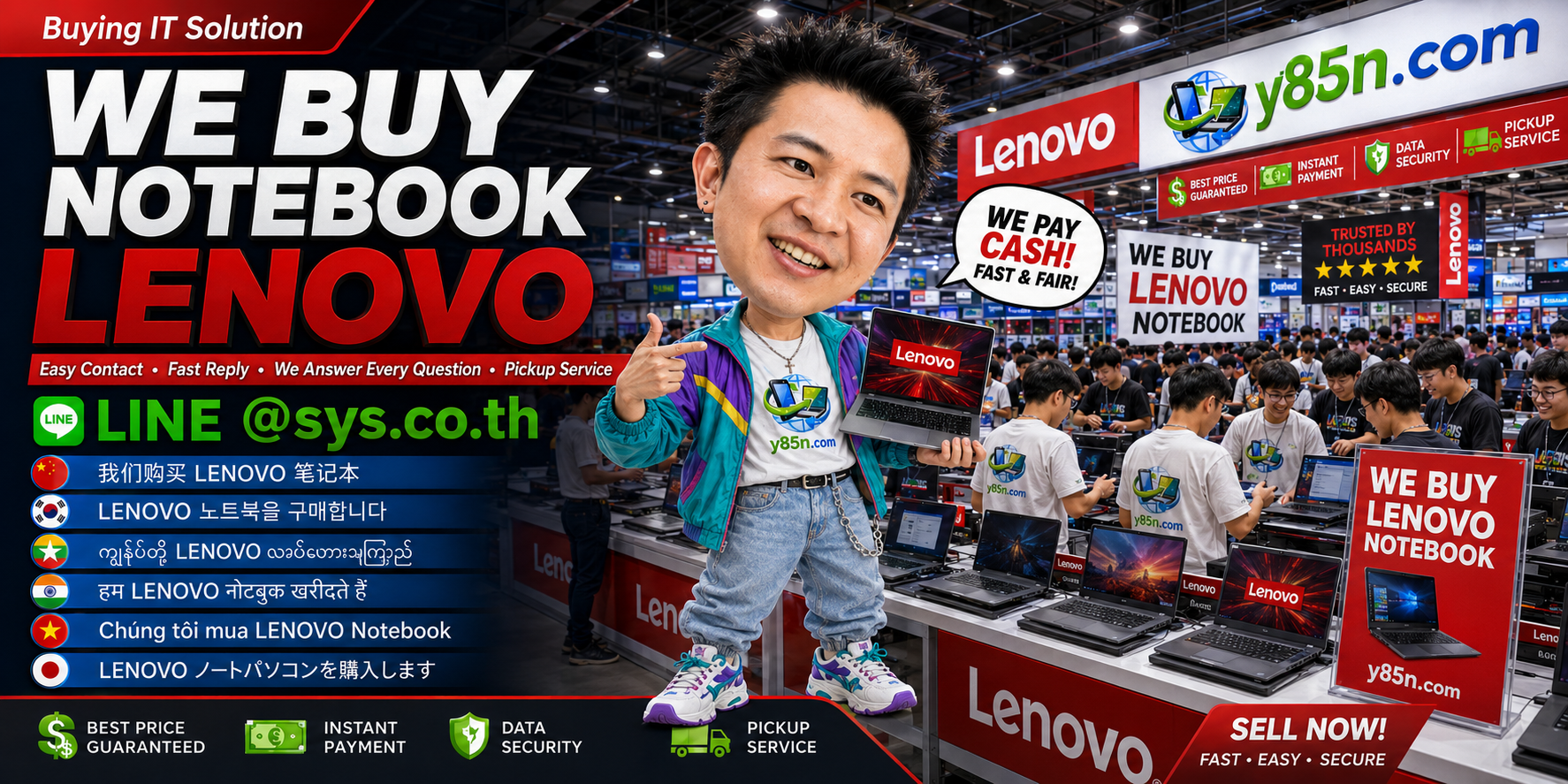 Y85N.com Lenovo notebook buying service contact banner with LINE at sys.co.th