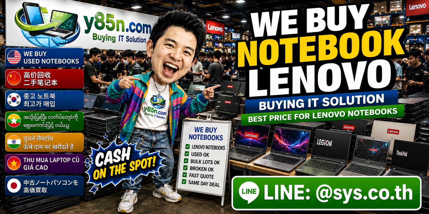 Y85N.com team and customers at a busy Lenovo notebook buying warehouse