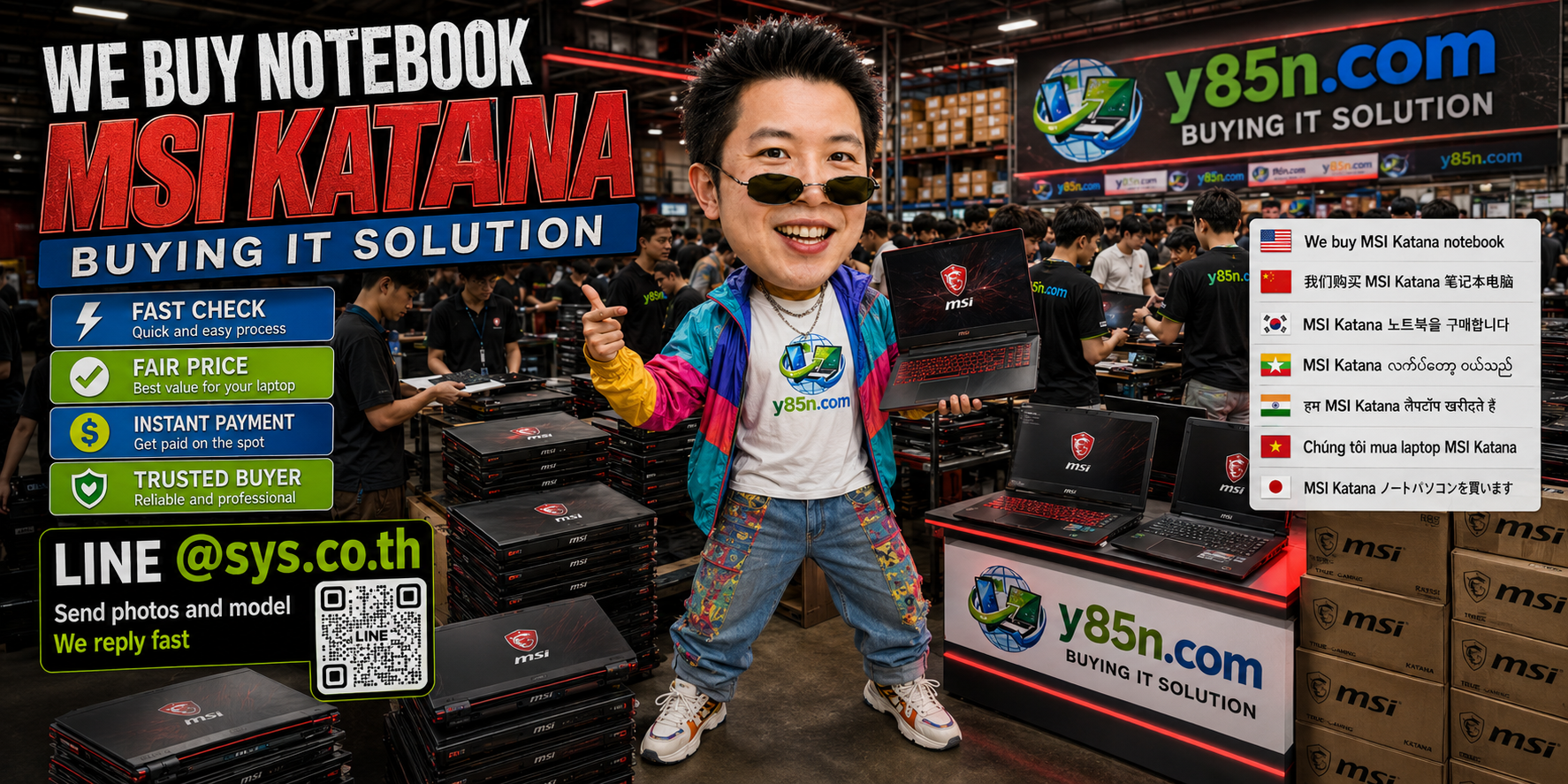 Y85N.com warehouse buying used MSI Katana gaming notebooks with international seller support