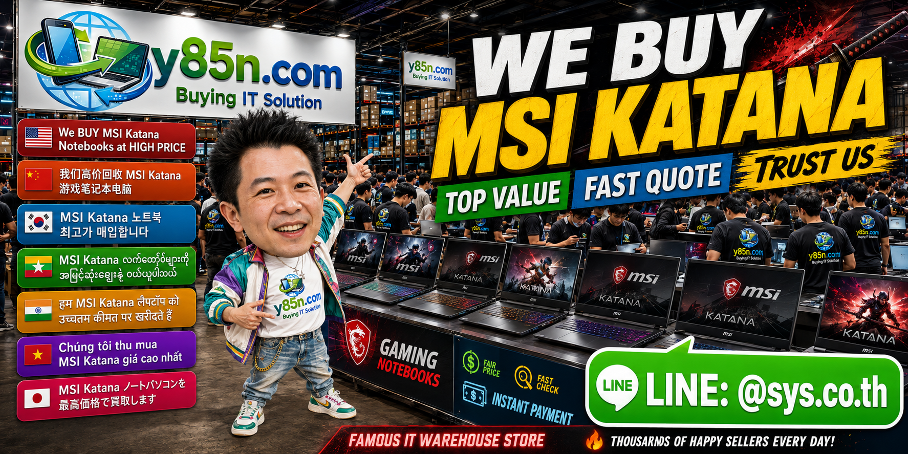 Y85N.com warehouse buying used MSI Katana gaming notebooks in Thailand