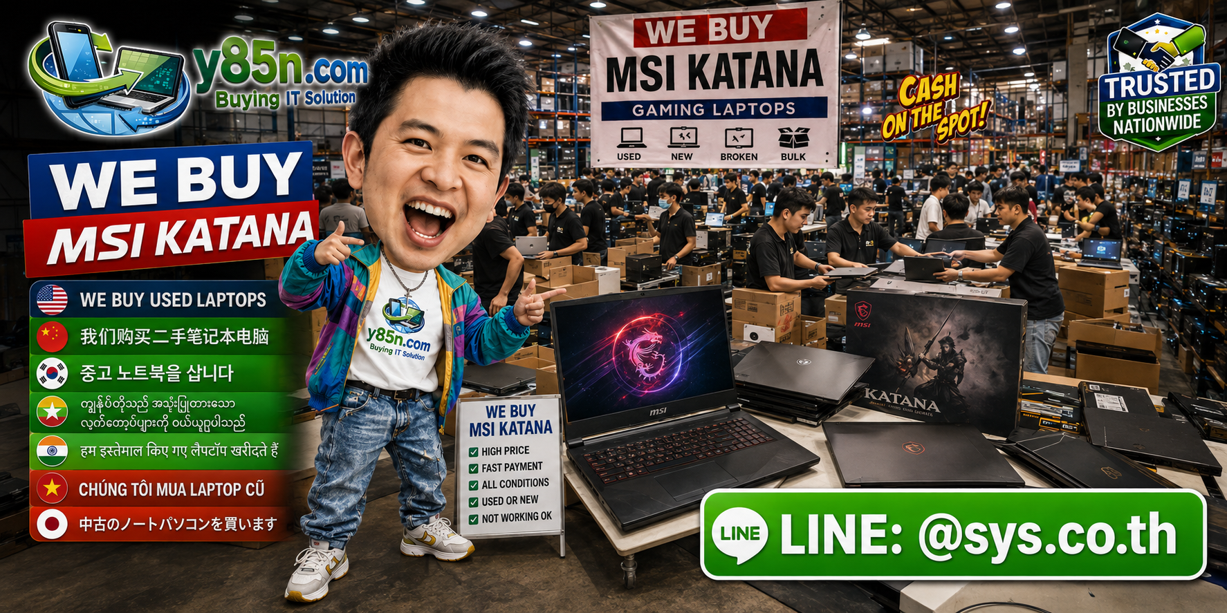 Y85N.com warehouse buying MSI Katana gaming notebooks from individual and corporate sellers