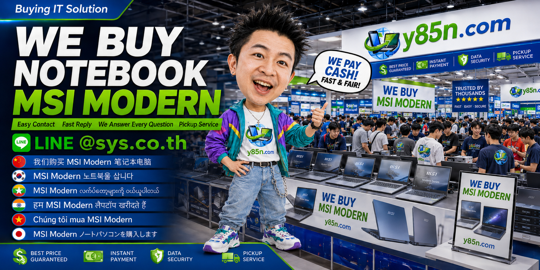 MSI Modern notebook buying contact banner for Y85N.com and LINE sys.co.th