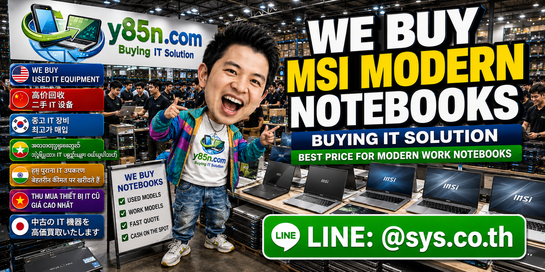 Y85N.com team evaluating MSI Modern notebooks in a busy computer warehouse