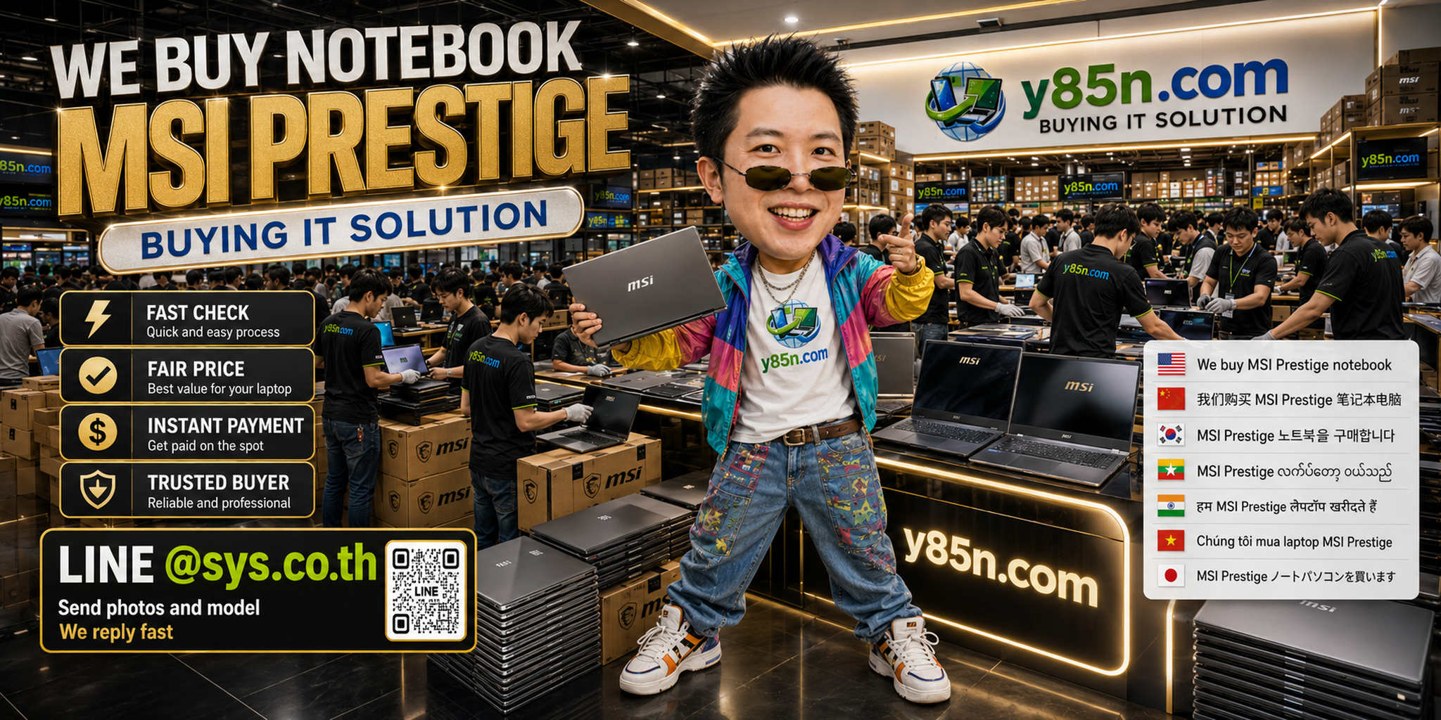 Y85N.com warehouse buying used MSI Prestige notebooks from international sellers