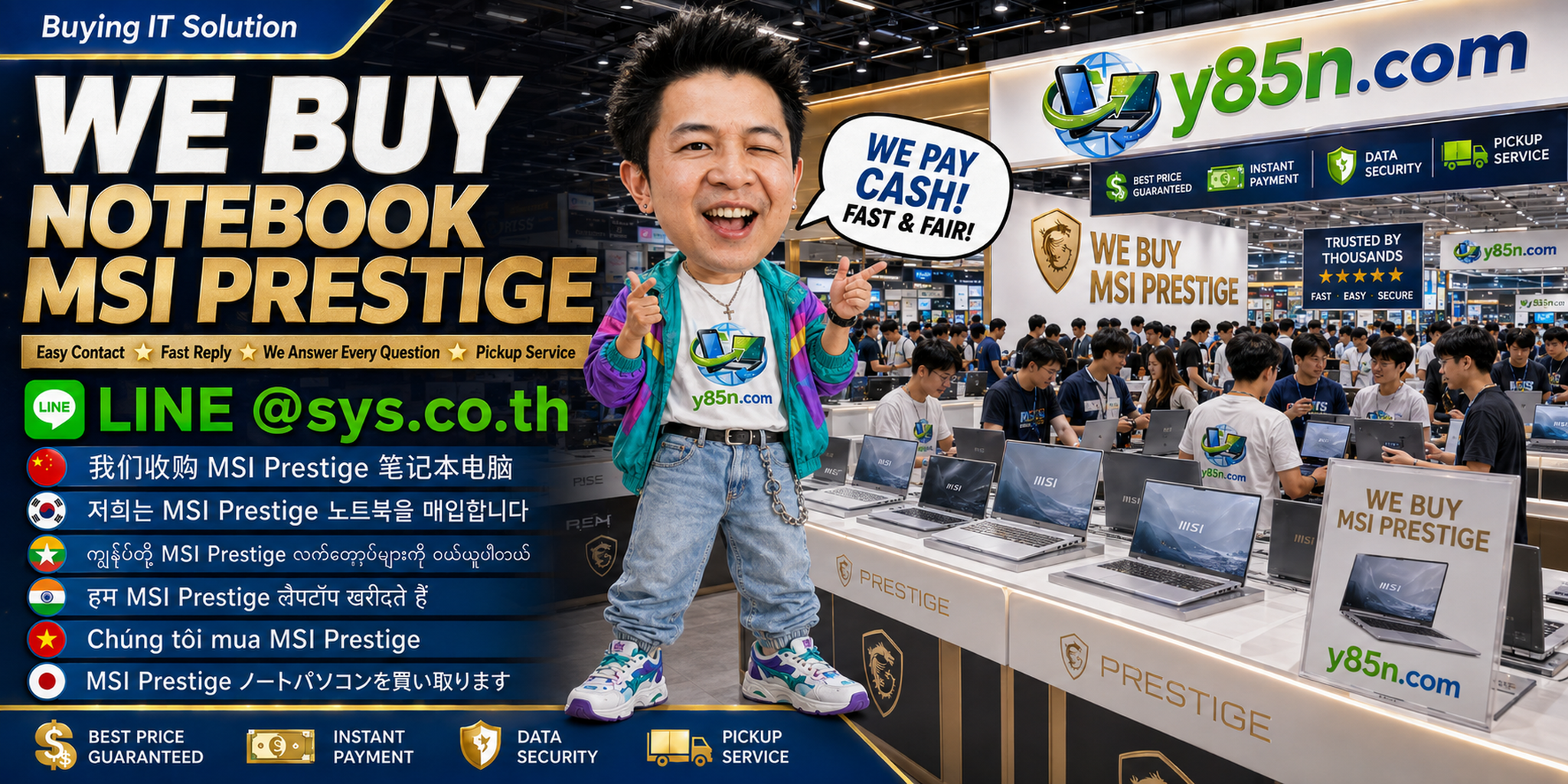Y85N.com MSI Prestige buying contact banner with LINE at sys.co.th
