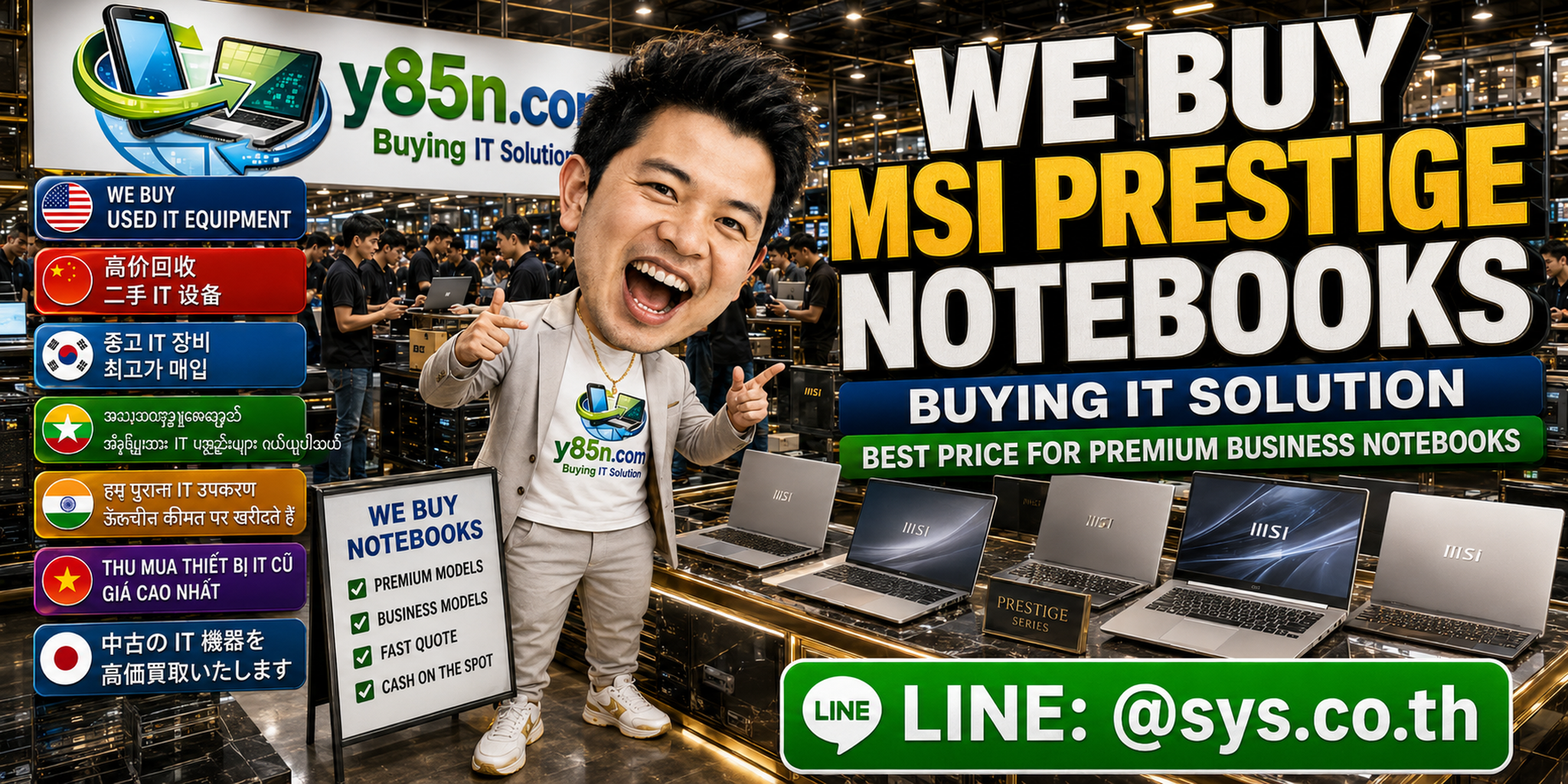 Y85N.com warehouse with MSI Prestige notebooks and customers