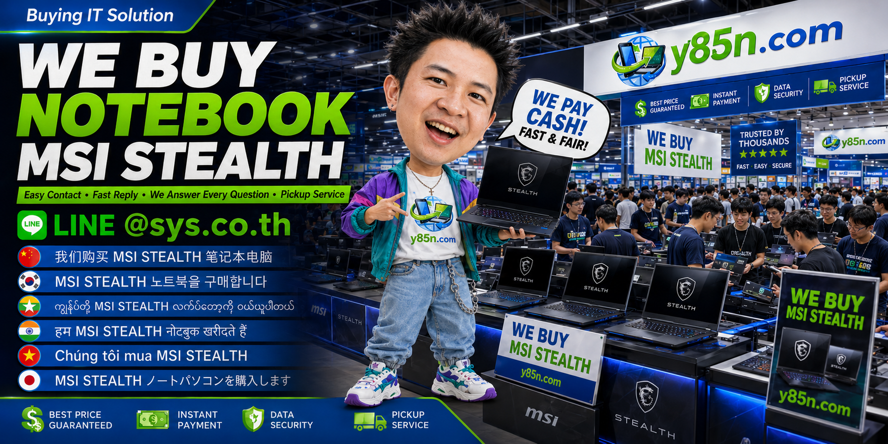 Y85N.com MSI Stealth notebook buying service contact banner with LINE at sys.co.th