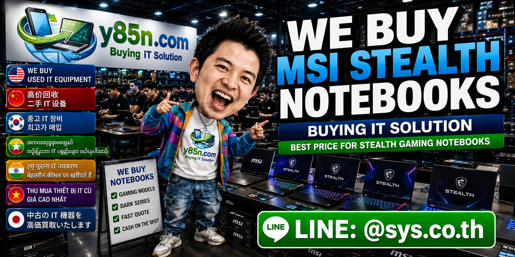 Y85N.com team and customers at a busy MSI Stealth notebook buying warehouse