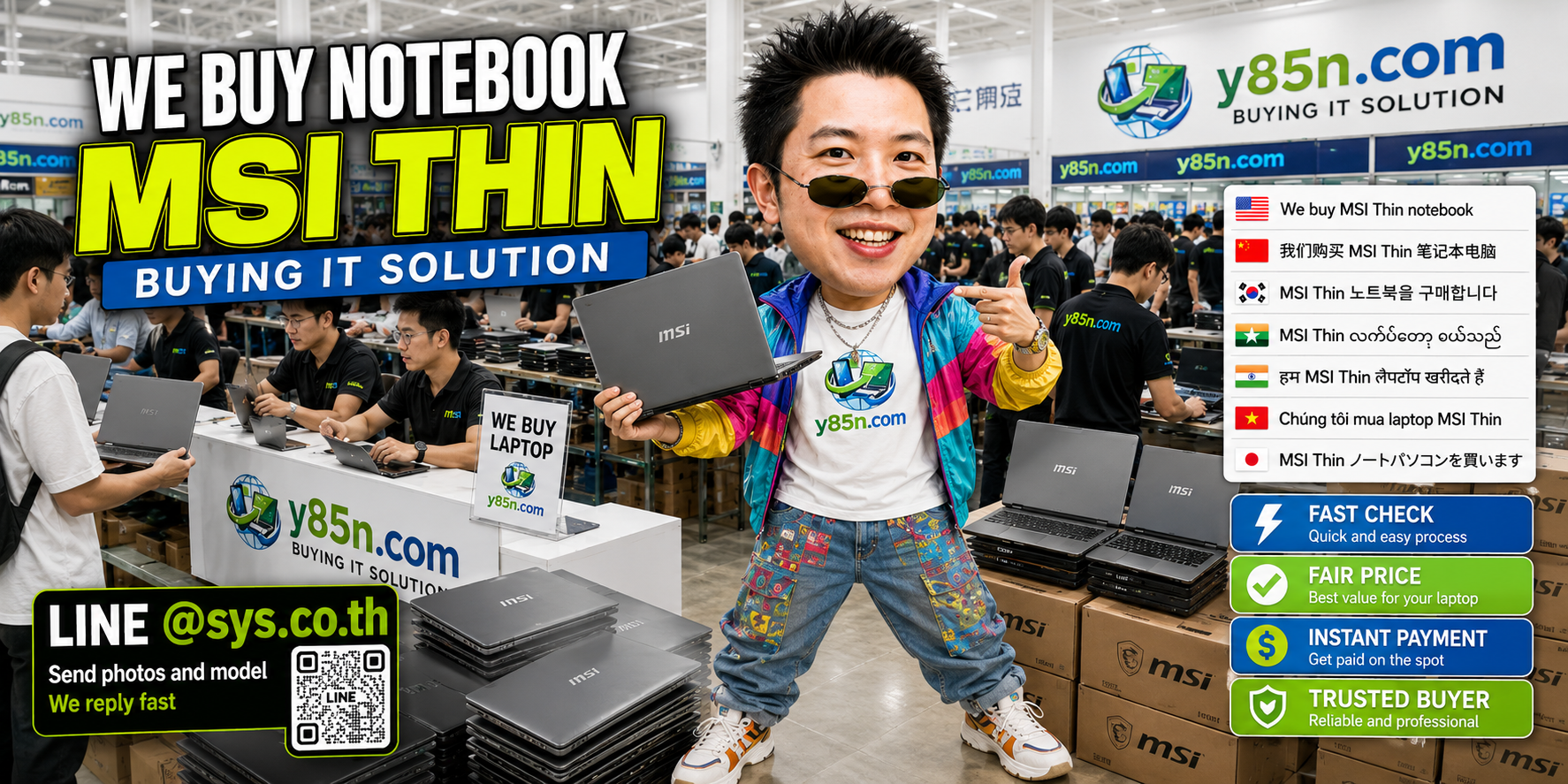 Y85N.com MSI Thin notebook buying service in a busy IT warehouse in Thailand