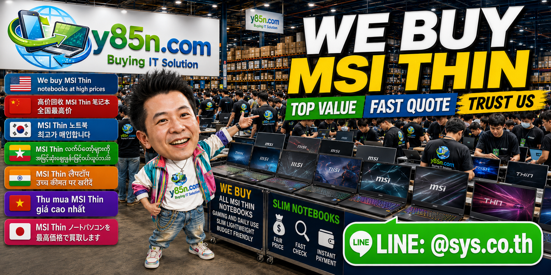 Busy Y85N.com warehouse style MSI Thin notebook service area in Thailand