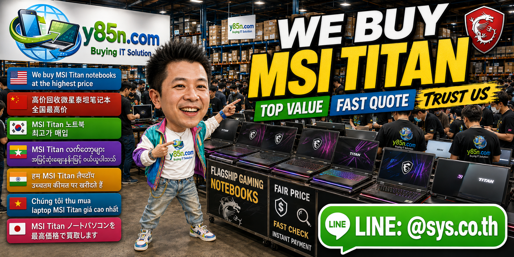 Y85N.com warehouse buying MSI Titan notebooks and mixed IT equipment