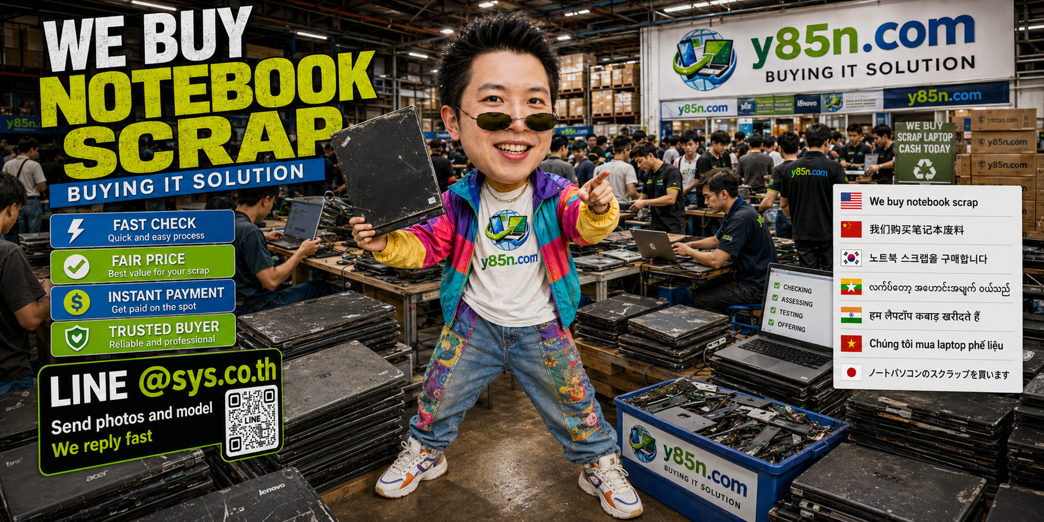Y85N.com warehouse buying broken and scrap notebook computers in Thailand