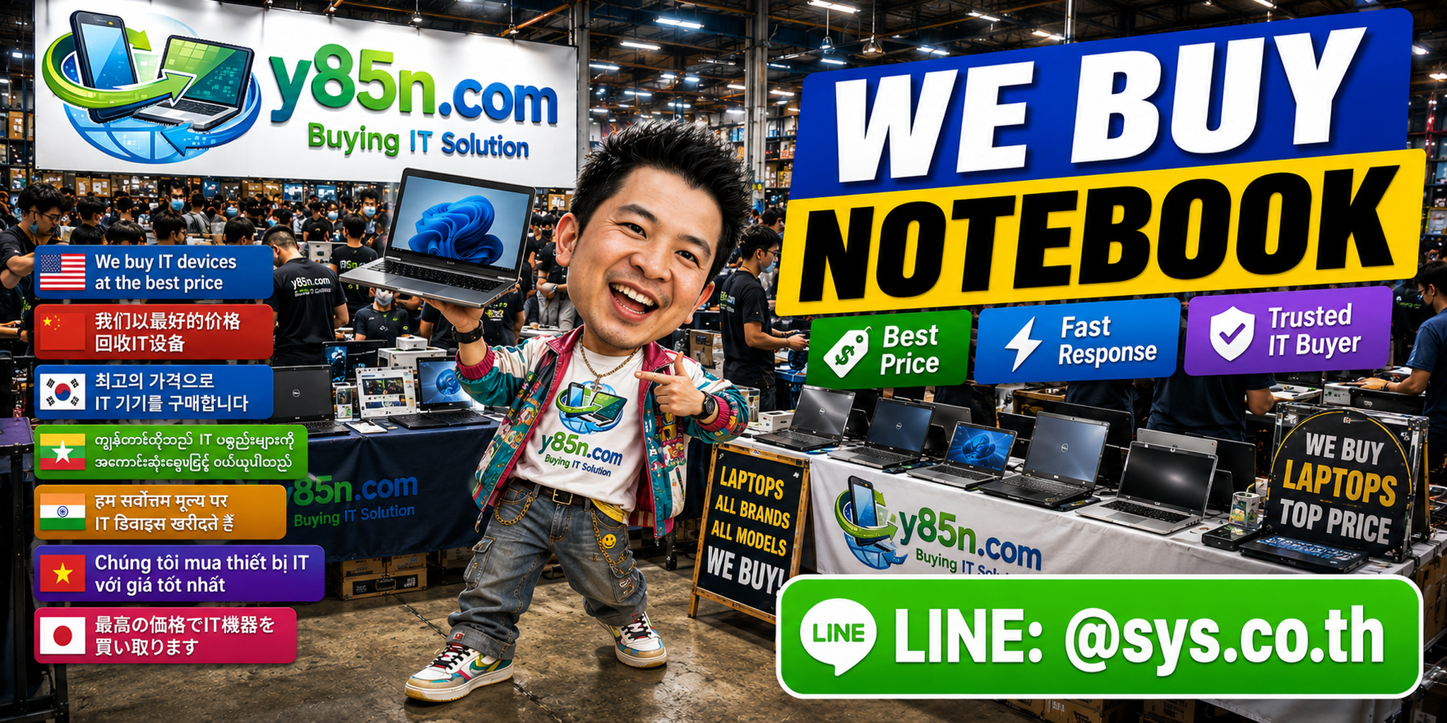 Y85N.com notebook contact banner with LINE sys.co.th