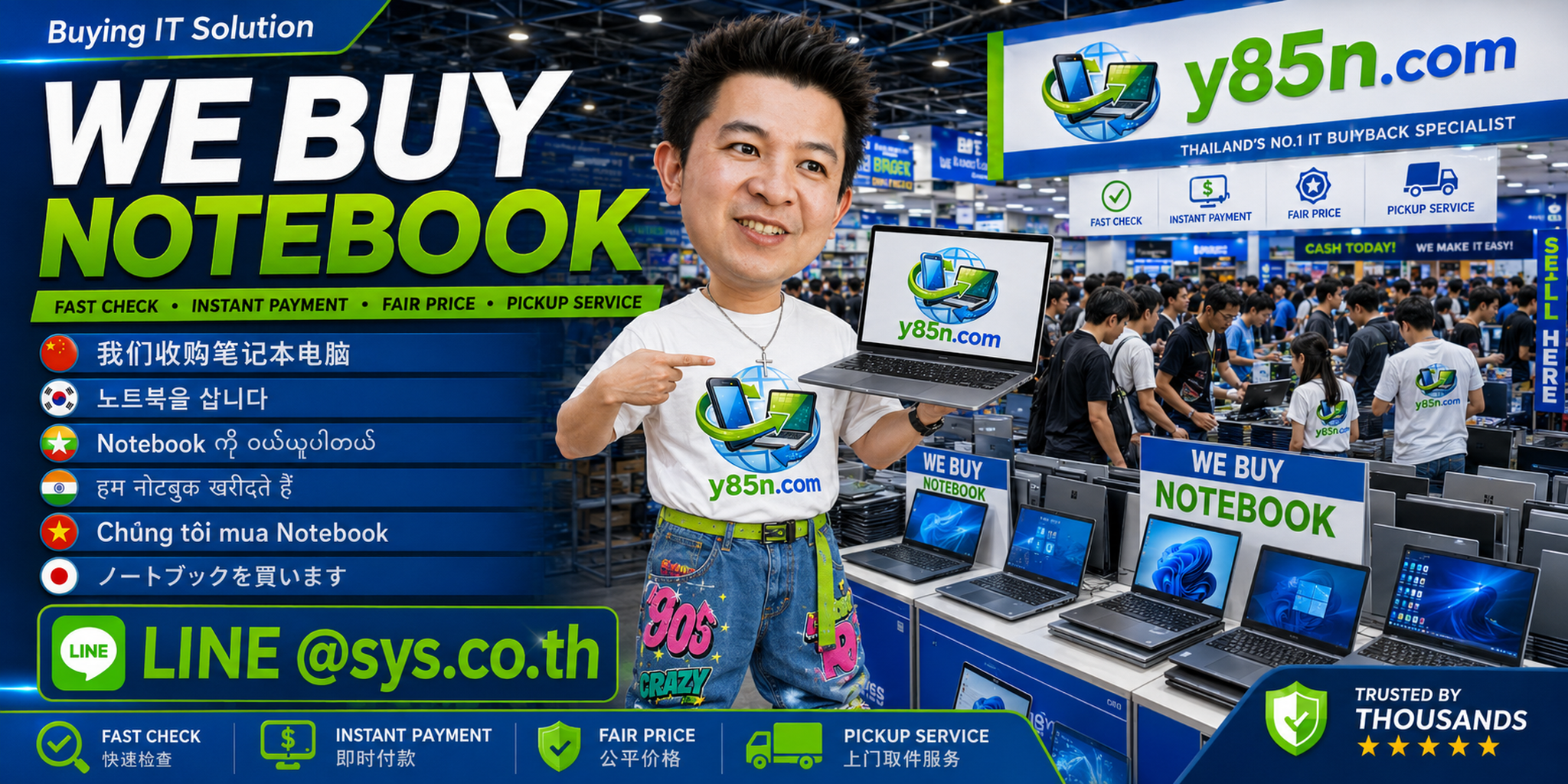Y85N.com notebook buying service with warehouse staff and products