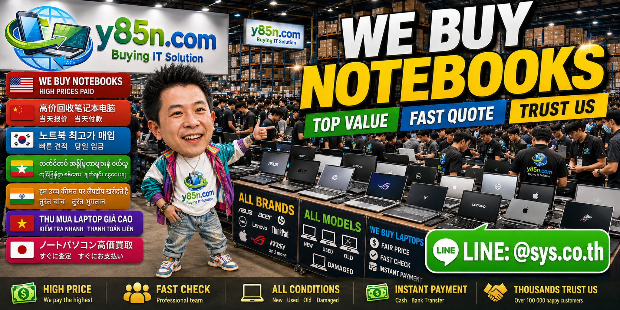 Y85N.com notebook buying service in a busy IT warehouse in Thailand