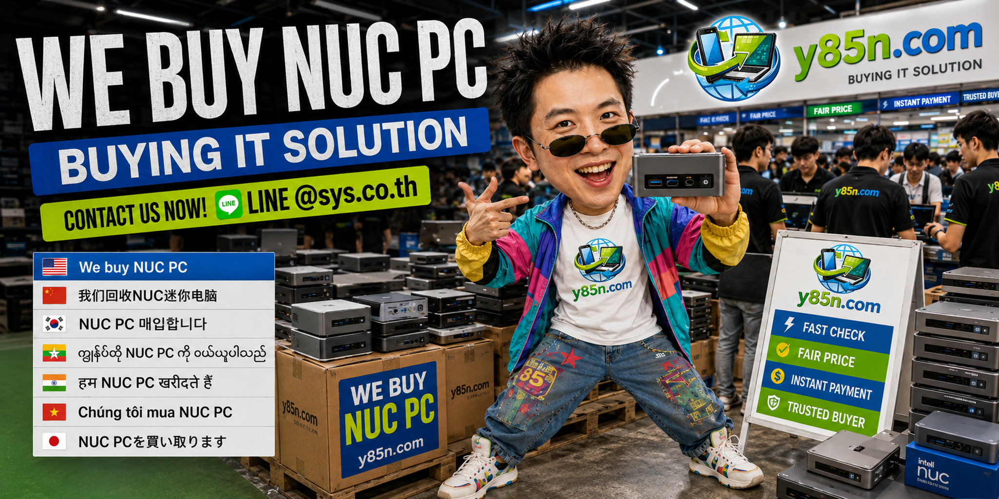 Y85N.com NUC PC buying service in a busy IT warehouse in Thailand