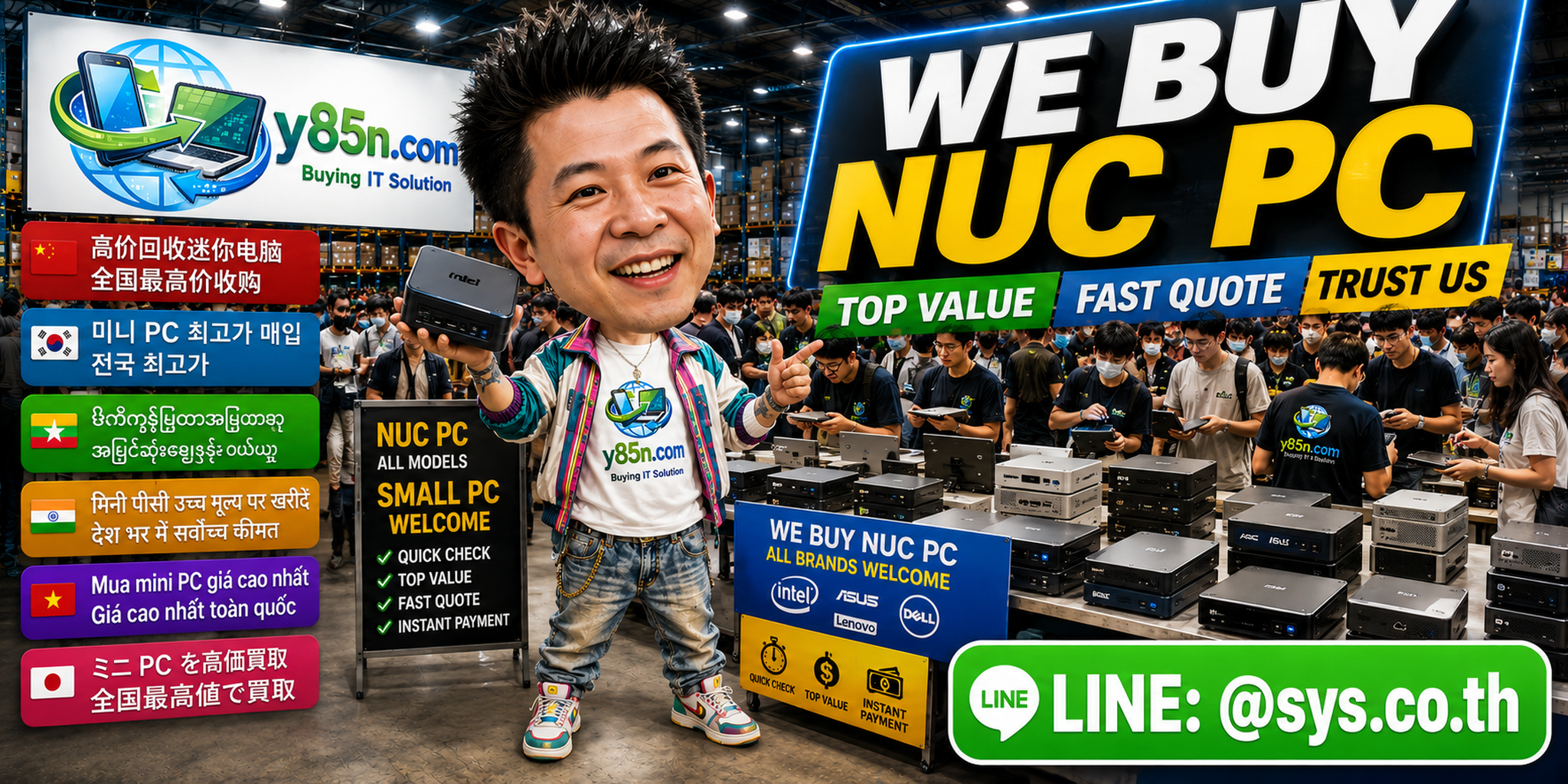 Busy Y85N.com warehouse style NUC PC service area in Thailand