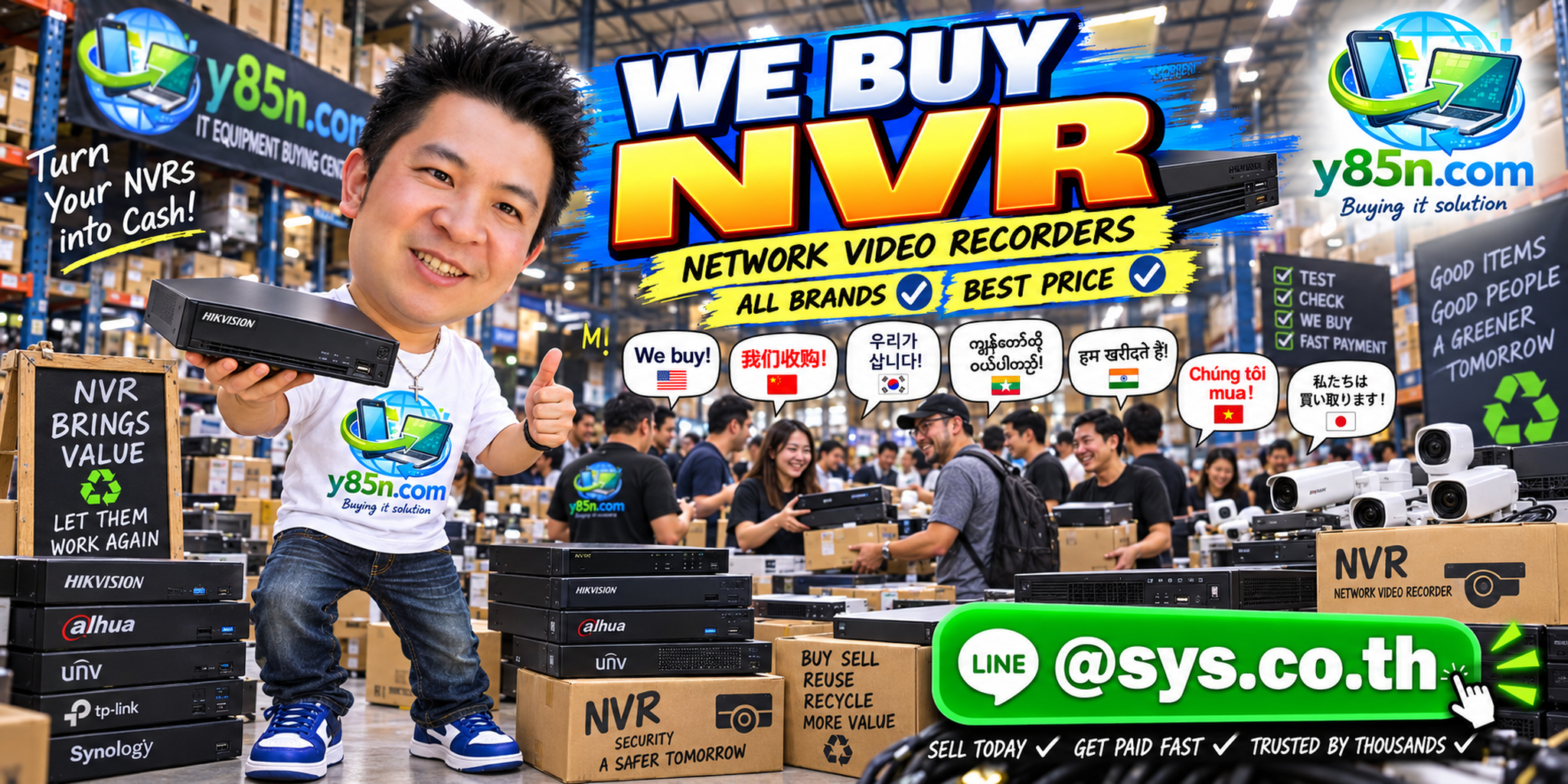Y85N.com warehouse buying used NVR equipment with international seller service in Thailand