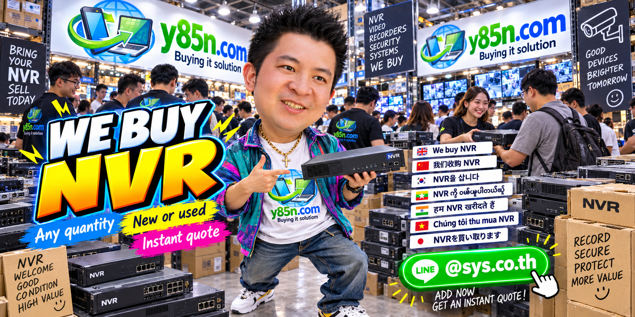 Y85N.com team and customers at a busy warehouse buying NVR and CCTV equipment