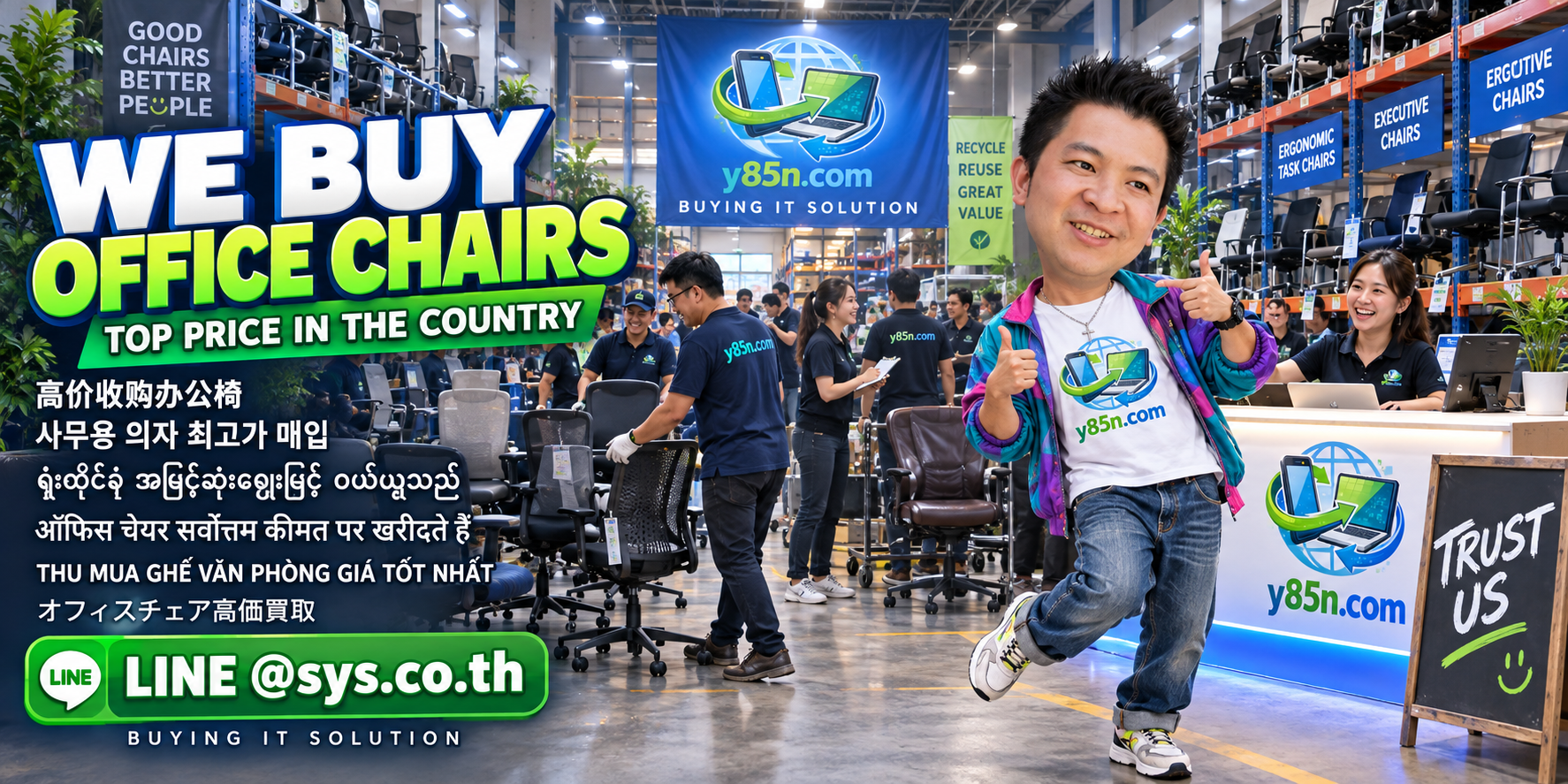 Y85N.com office chair warehouse buying used ergonomic and commercial office chairs in Thailand