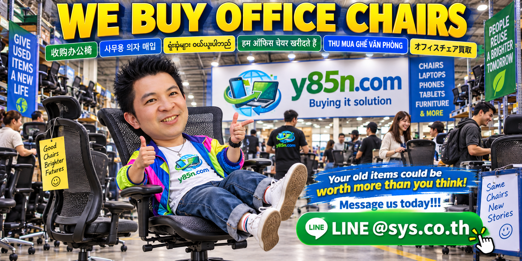 Busy Y85N.com office chair warehouse with customers bringing ergonomic and executive chairs for sale in Thailand