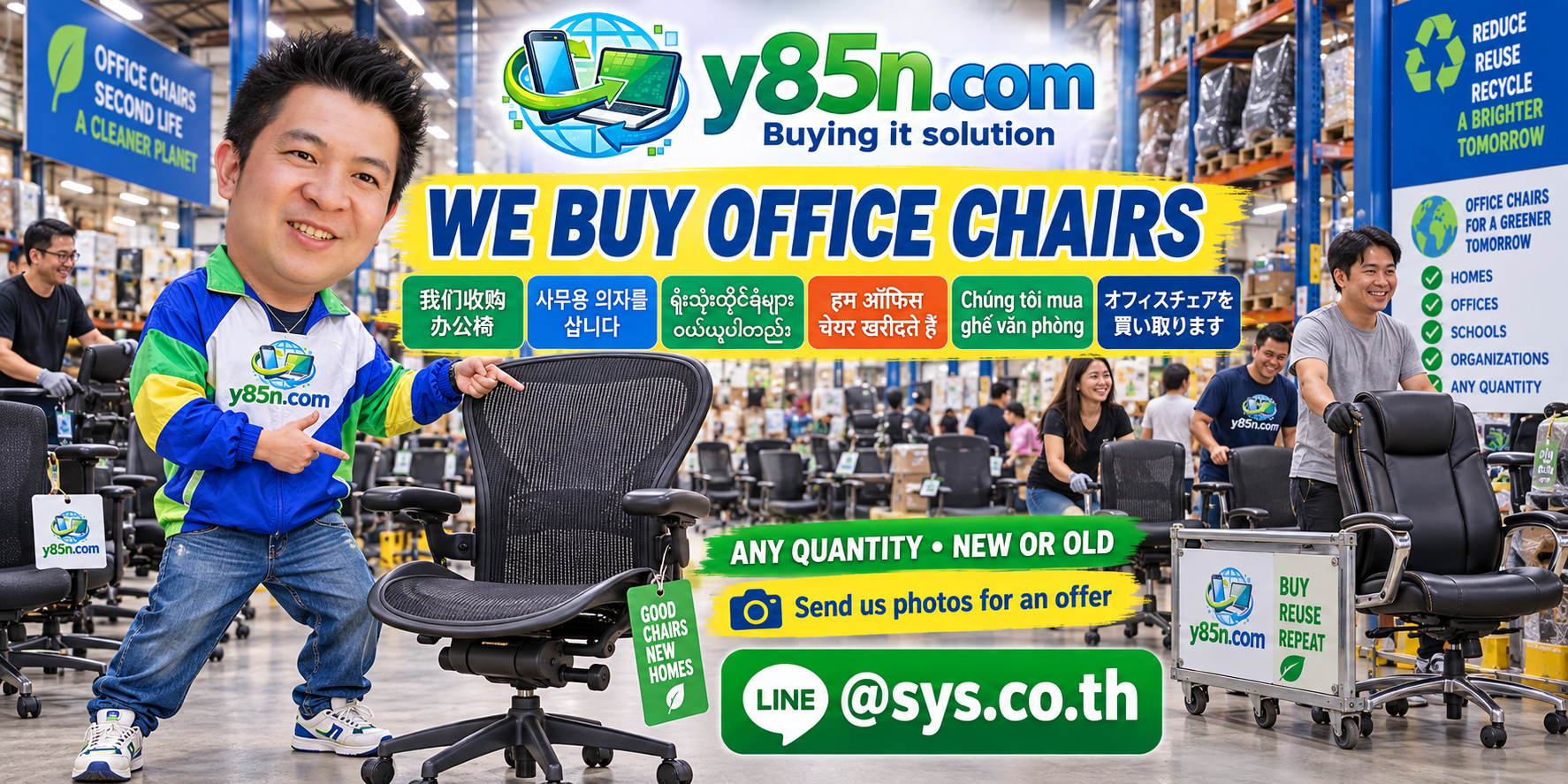 Y85N.com team and customers at a busy office chair buying warehouse in Thailand