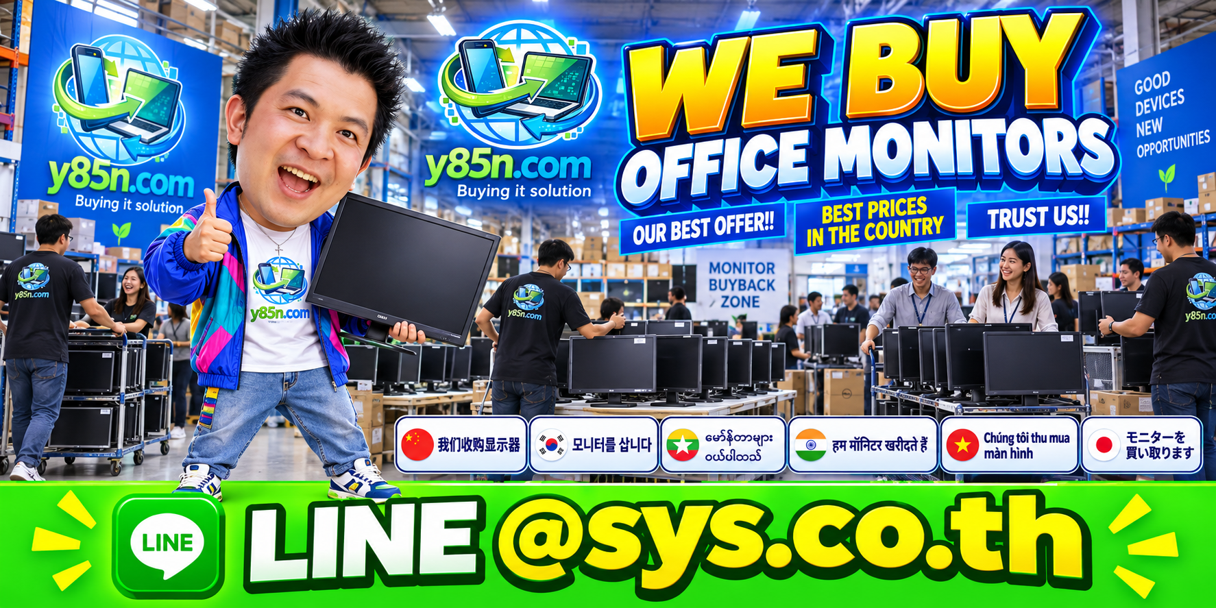 Y85N.com warehouse buying used office monitors with international seller support