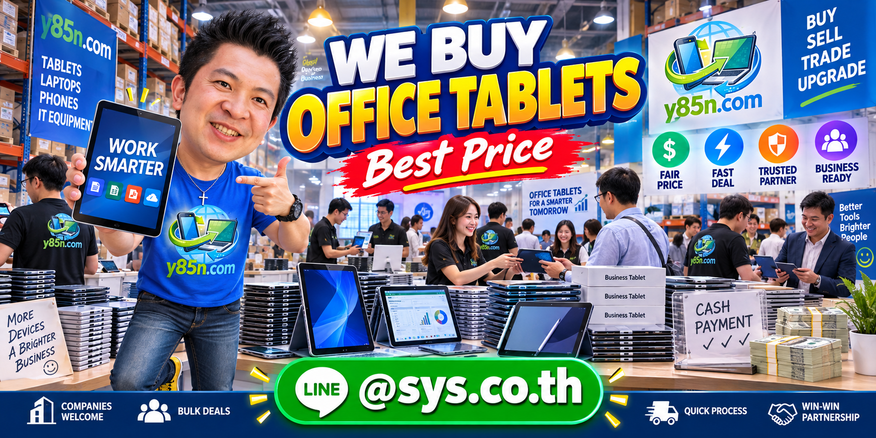 Y85N.com warehouse buying used office tablets with international seller messaging