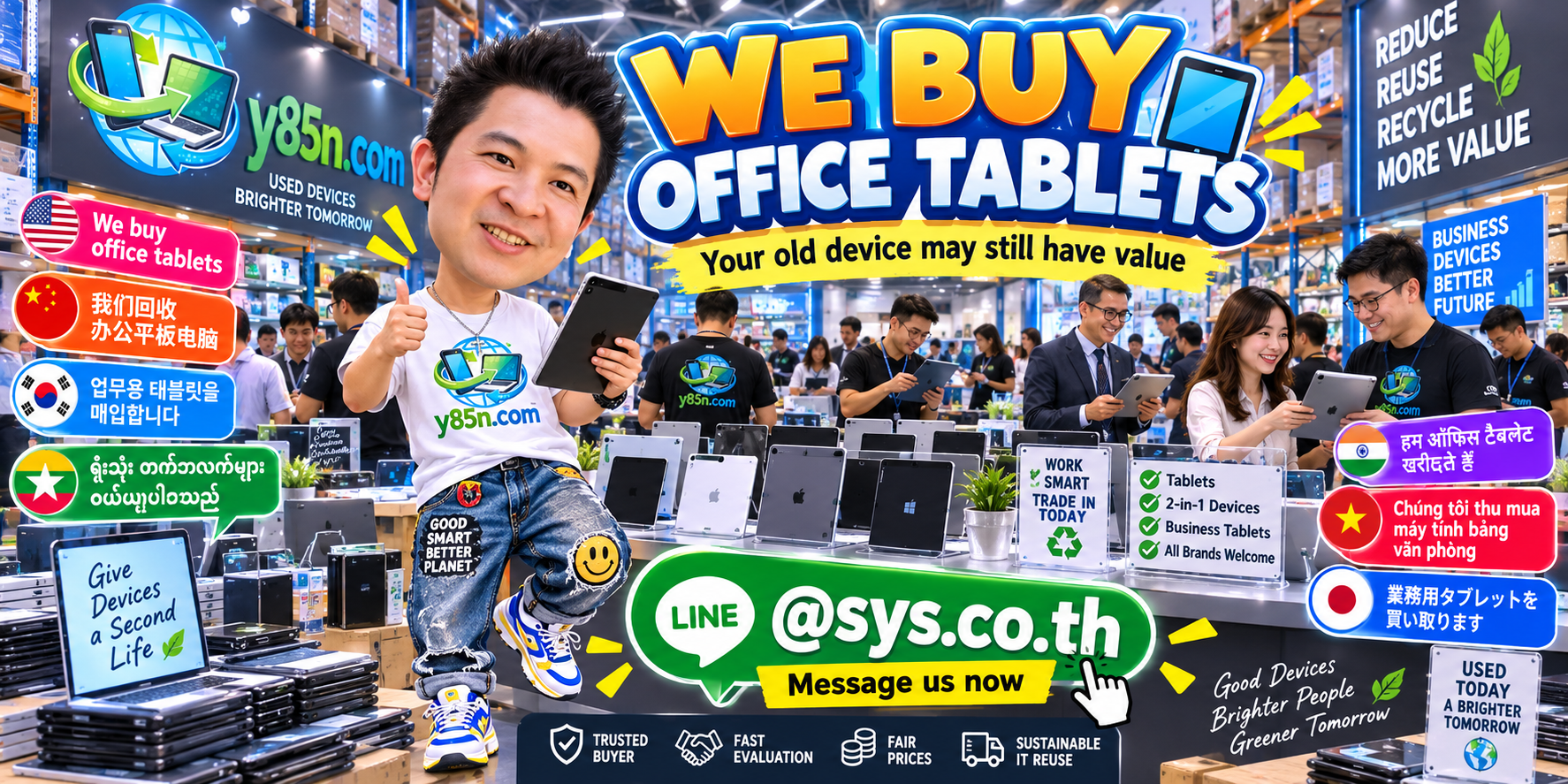 Busy Y85N.com technology warehouse showing an office tablet buying service in Thailand