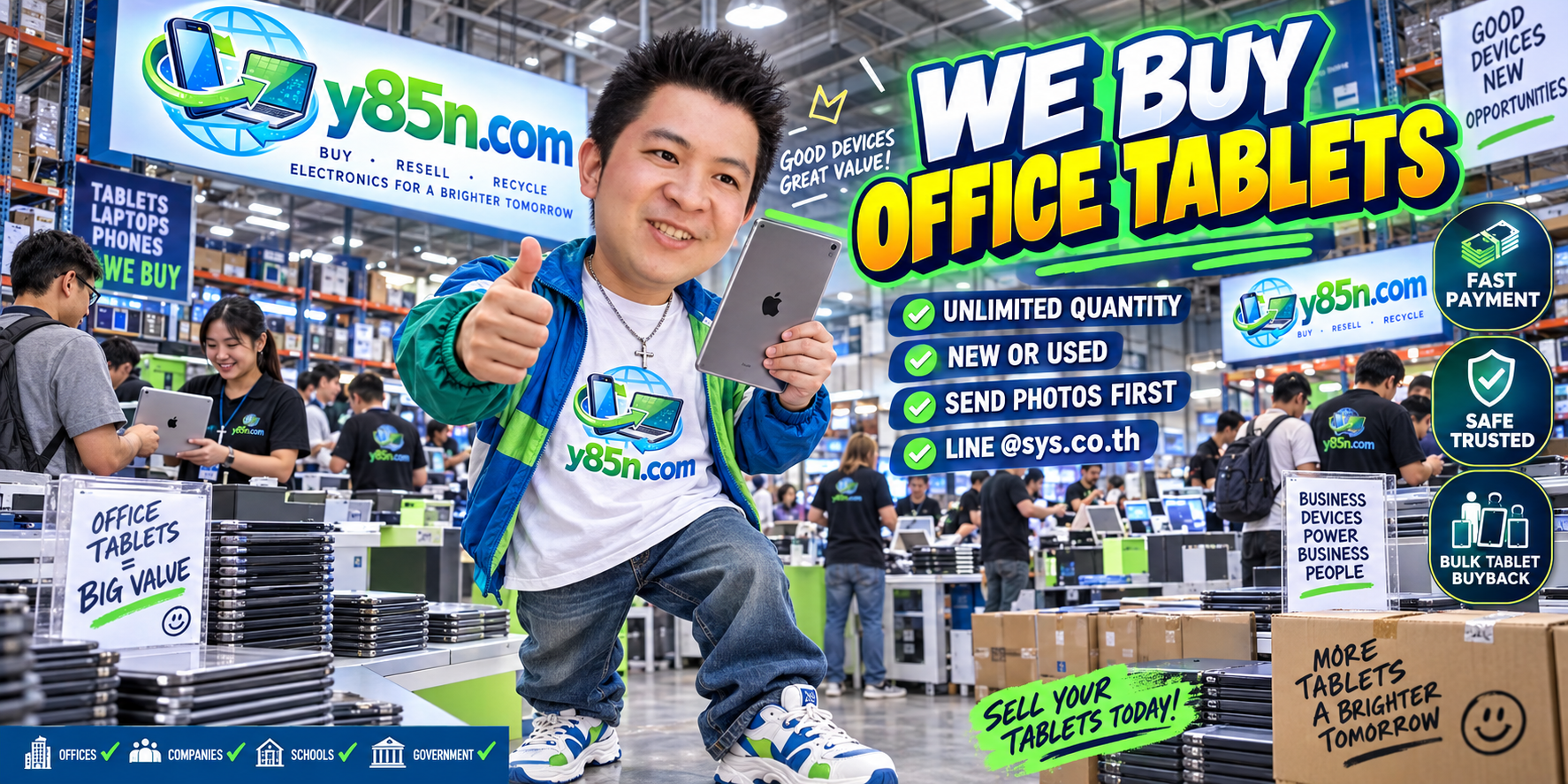 Y85N.com team and customers at a busy office tablet buying warehouse