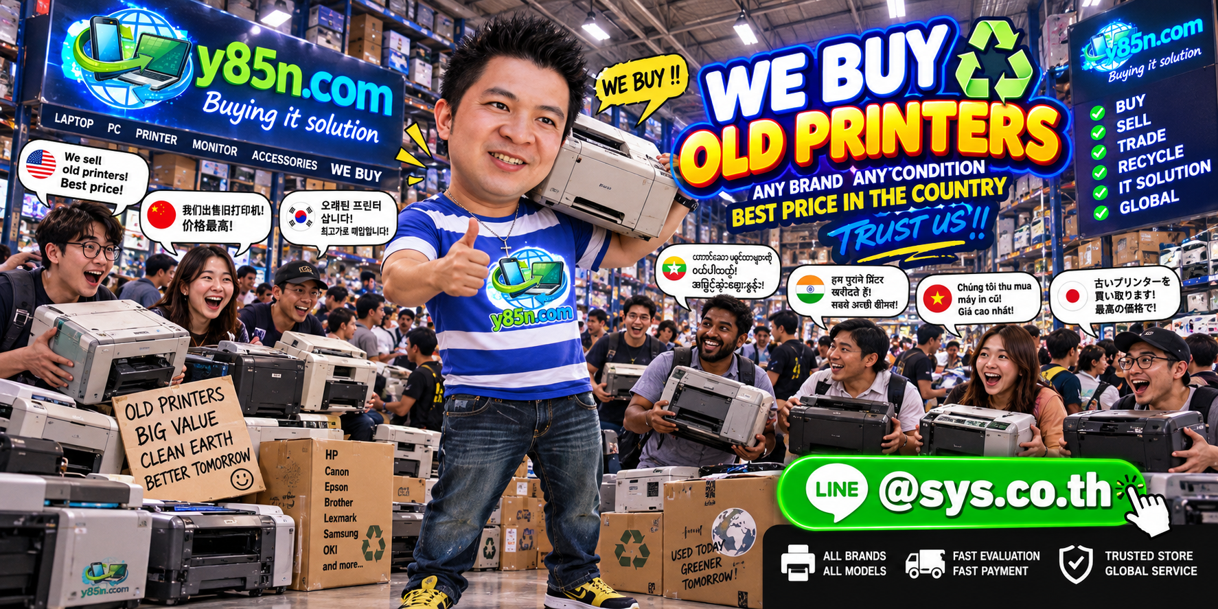 Y85N.com warehouse buying used and old printers from international sellers in Thailand