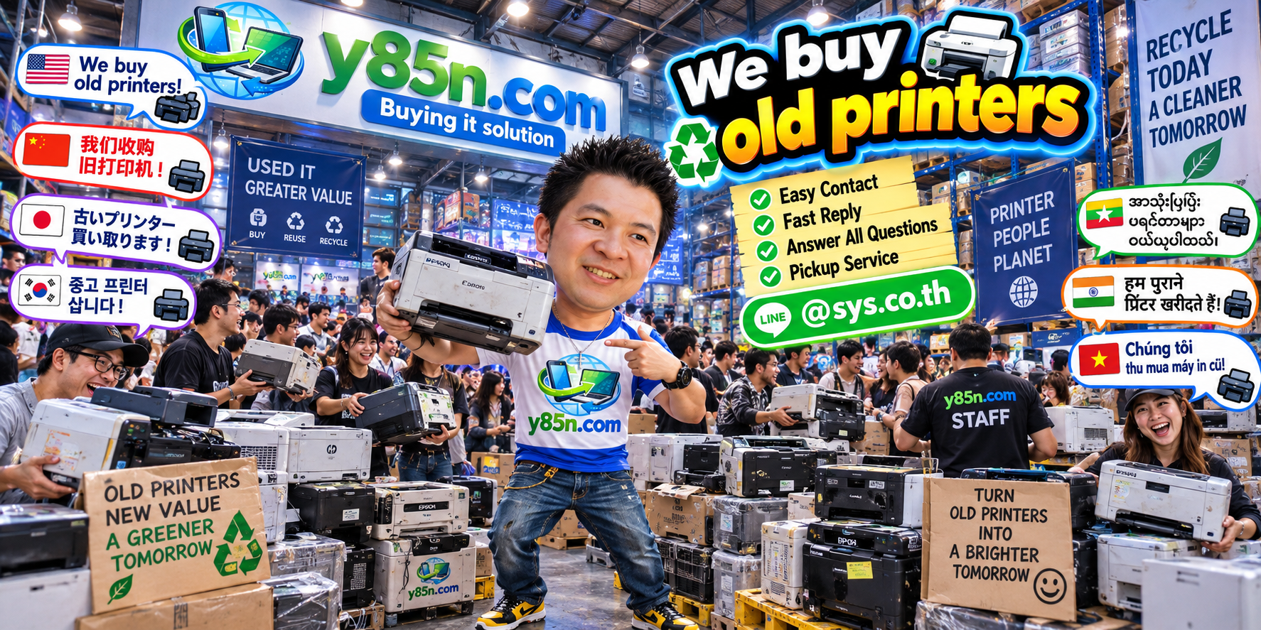 Y85N.com old printer buying service contact banner with LINE at sys.co.th