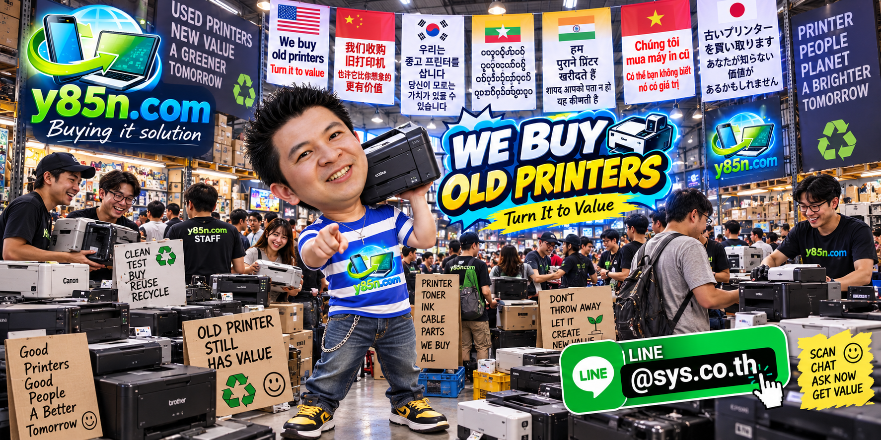 Busy Y85N.com warehouse buying old printers in Thailand