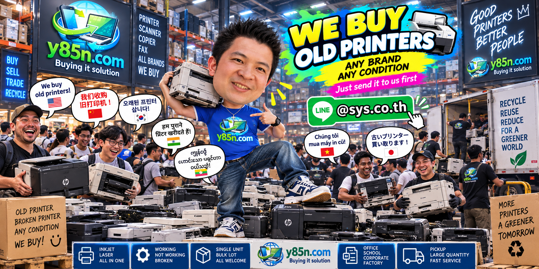 Y85N.com team and customers in a busy old printer buying warehouse