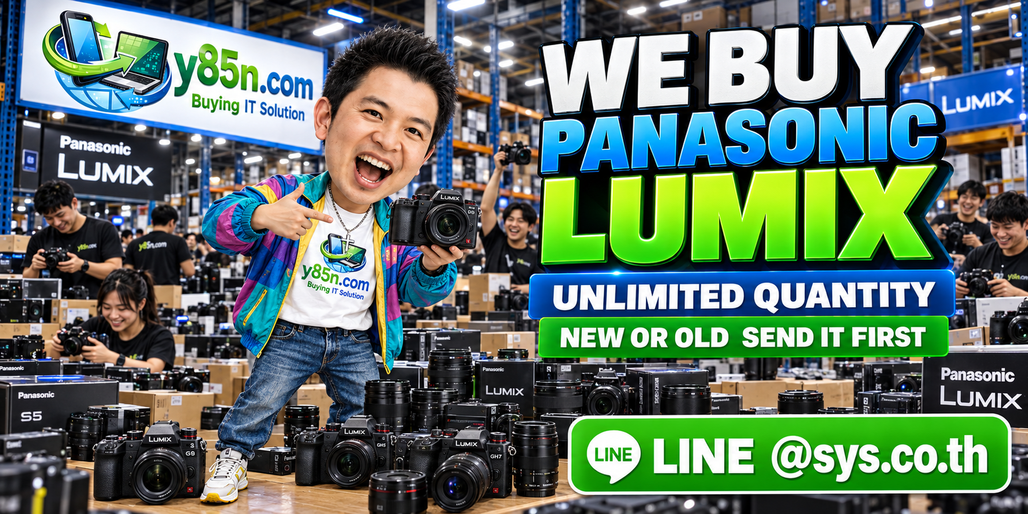 Y85N.com team and customers at a busy Panasonic Lumix camera buying warehouse