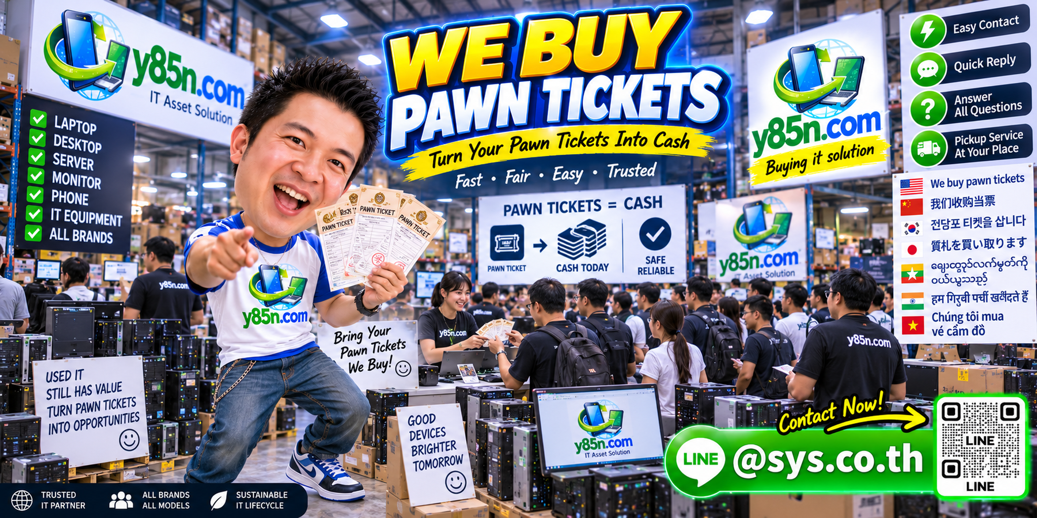 Y85N.com pawn ticket buying service contact banner with LINE at sys.co.th