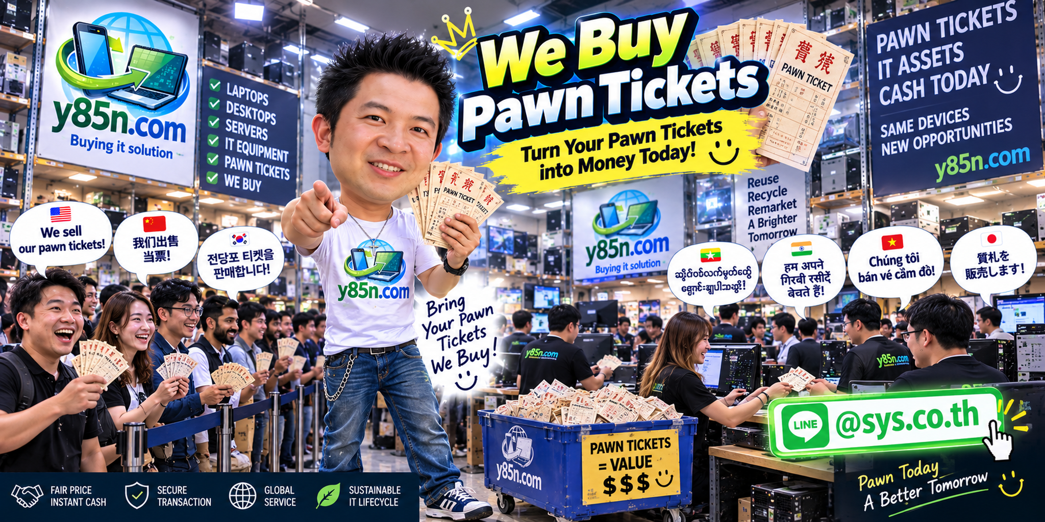 Busy Y85N.com service warehouse presenting pawn ticket buying and evaluation in Thailand