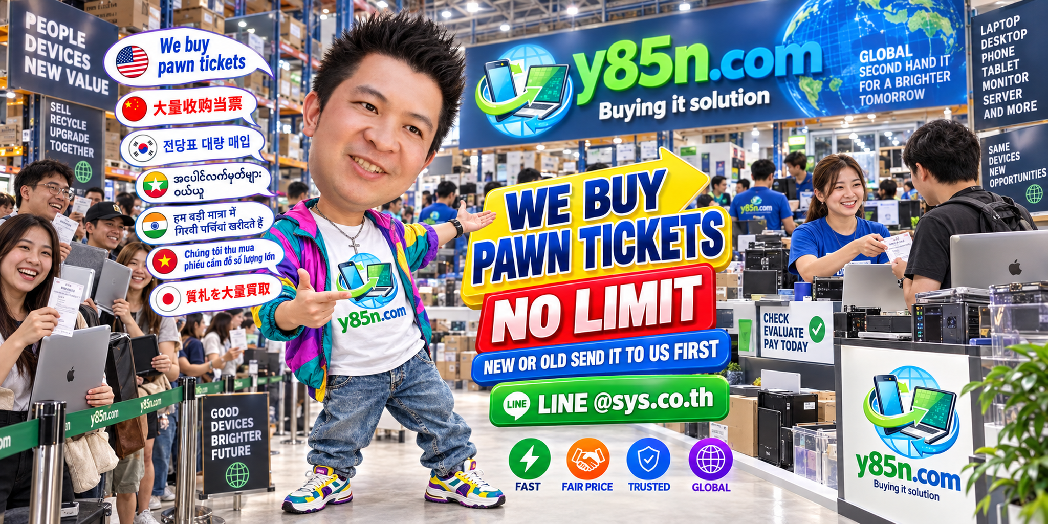 Y85N.com team receiving pawn ticket enquiries in a busy service warehouse