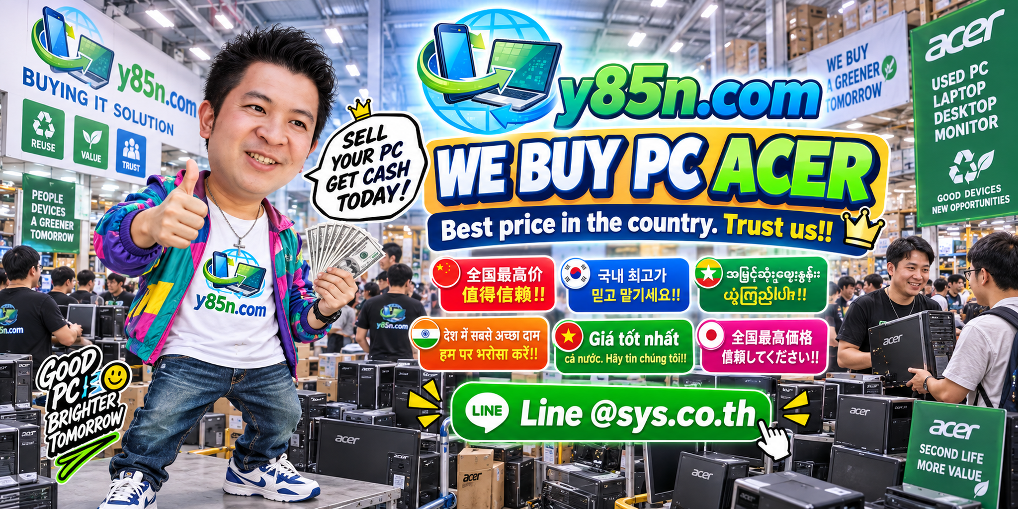Y85N.com Acer PC buying service in a busy IT warehouse in Thailand