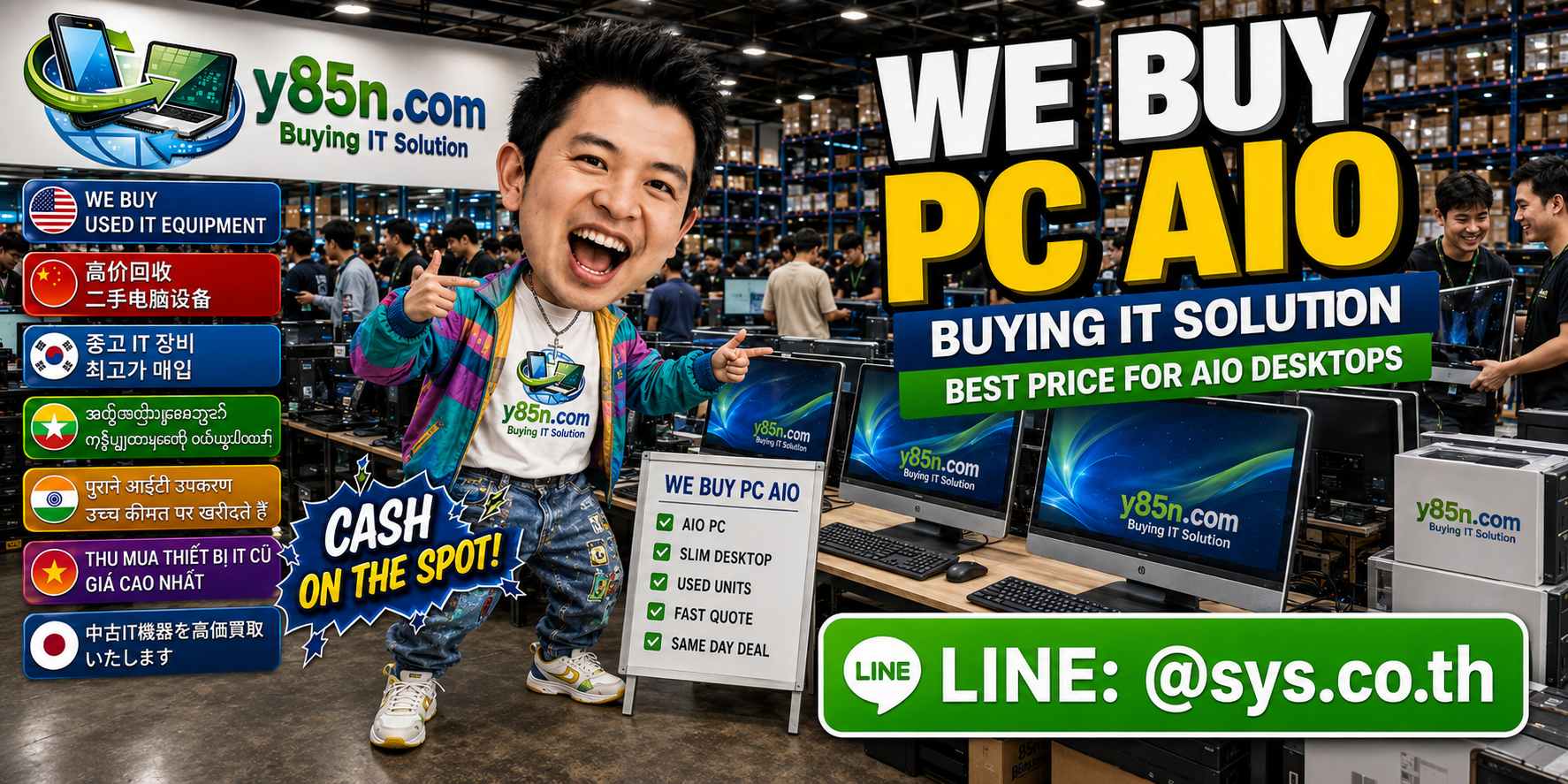 Y85N.com warehouse buying used PC AIO systems in Thailand
