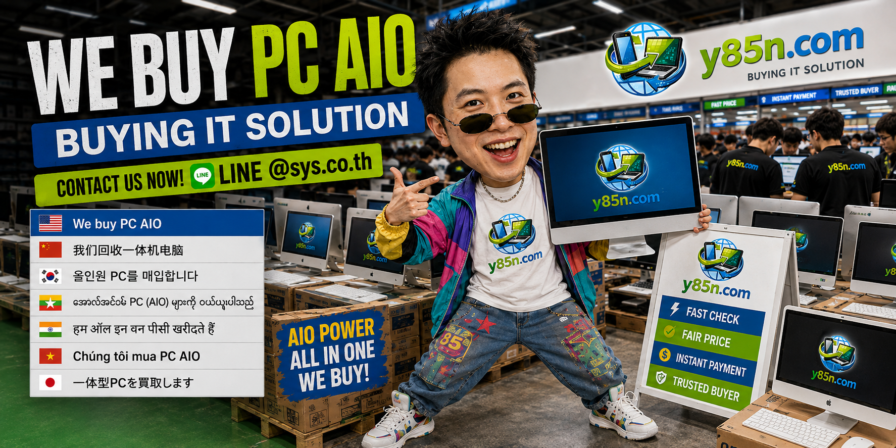 Y85N.com PC AIO buying service in a busy IT warehouse in Thailand