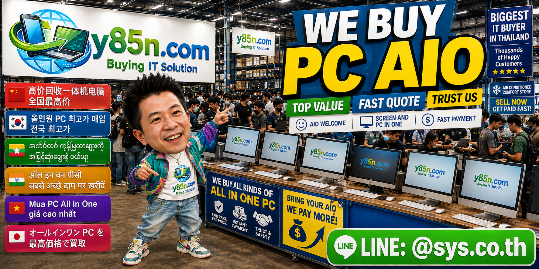 Busy Y85N.com warehouse style PC AIO service area in Thailand
