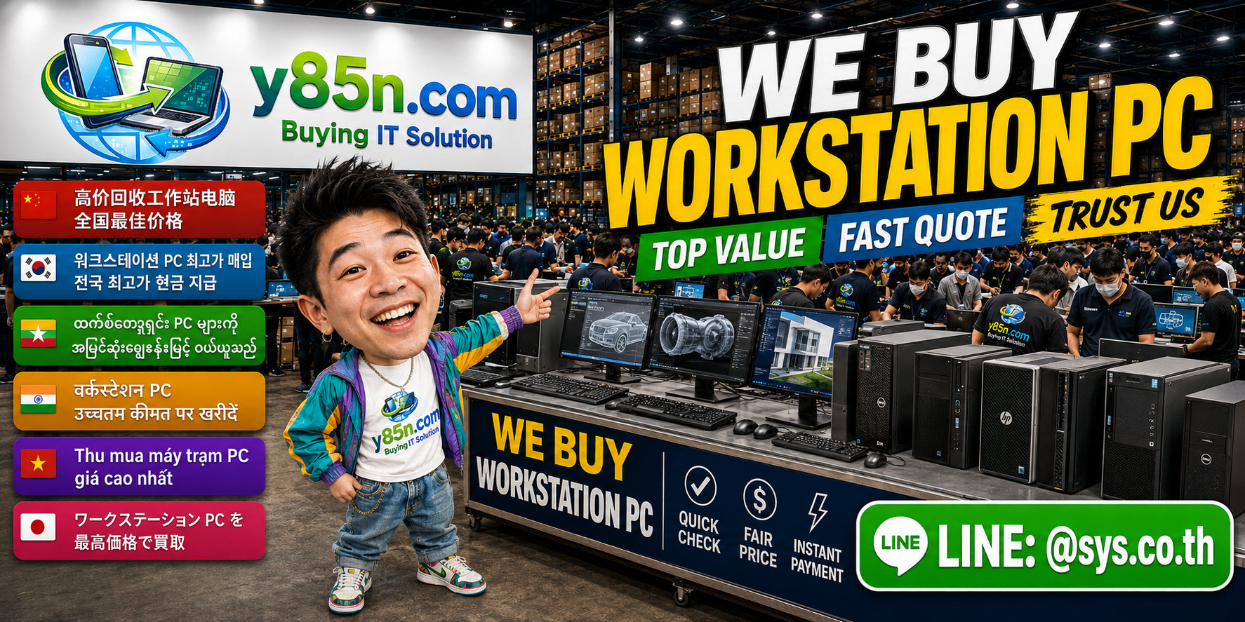 Y85N.com PC workstation buying service in a busy professional computer warehouse in Thailand