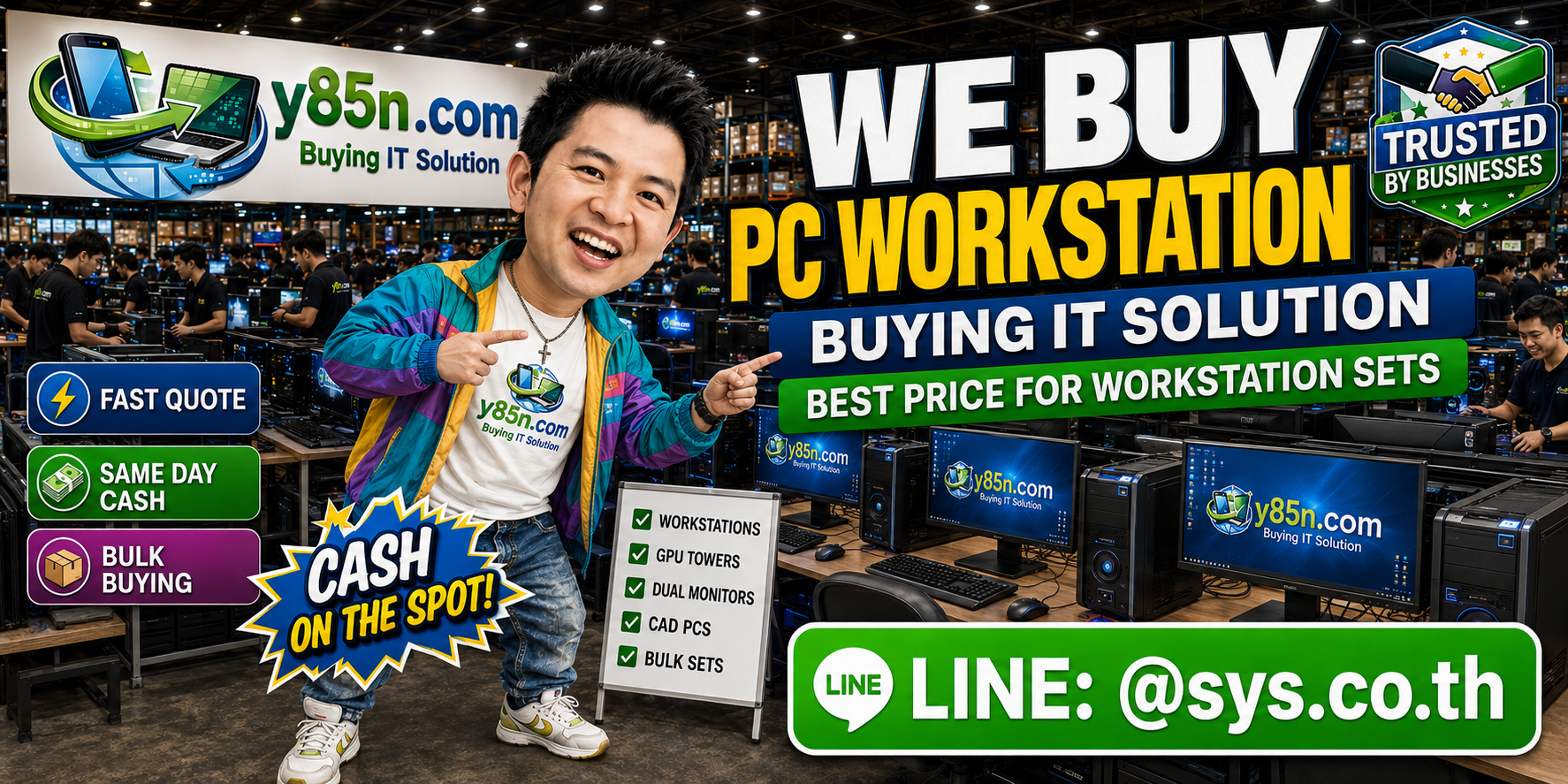 Busy Y85N.com warehouse style PC workstation buying service with professional computer towers