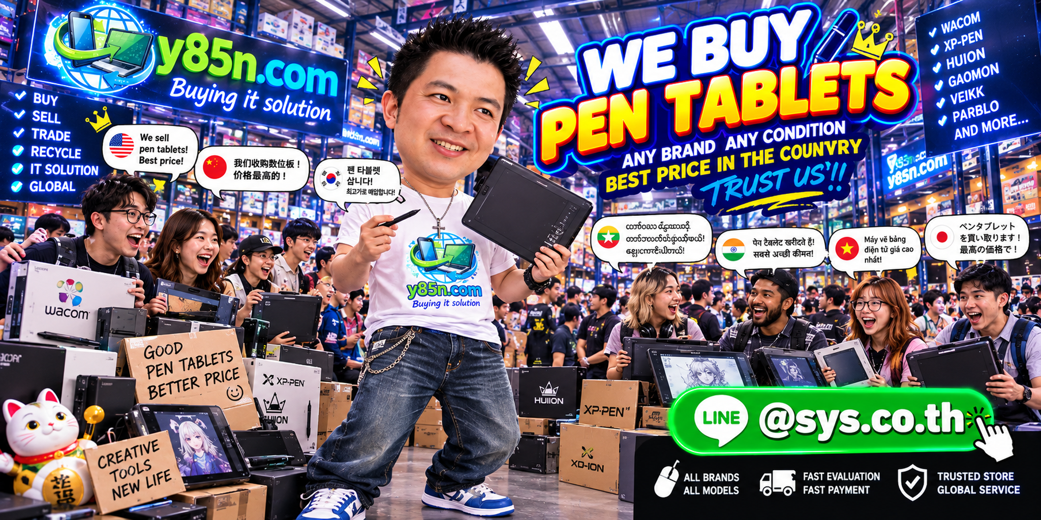 Y85N.com warehouse buying used pen tablets with international seller support in Thailand