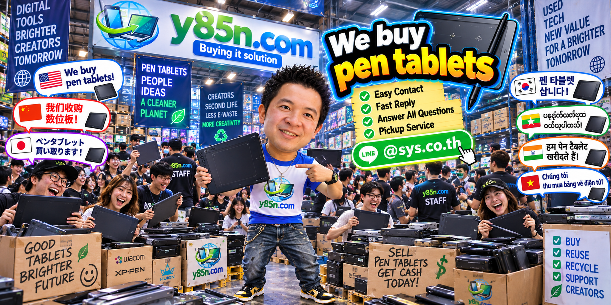 Y85N.com pen tablet buying service contact banner with LINE at sys.co.th