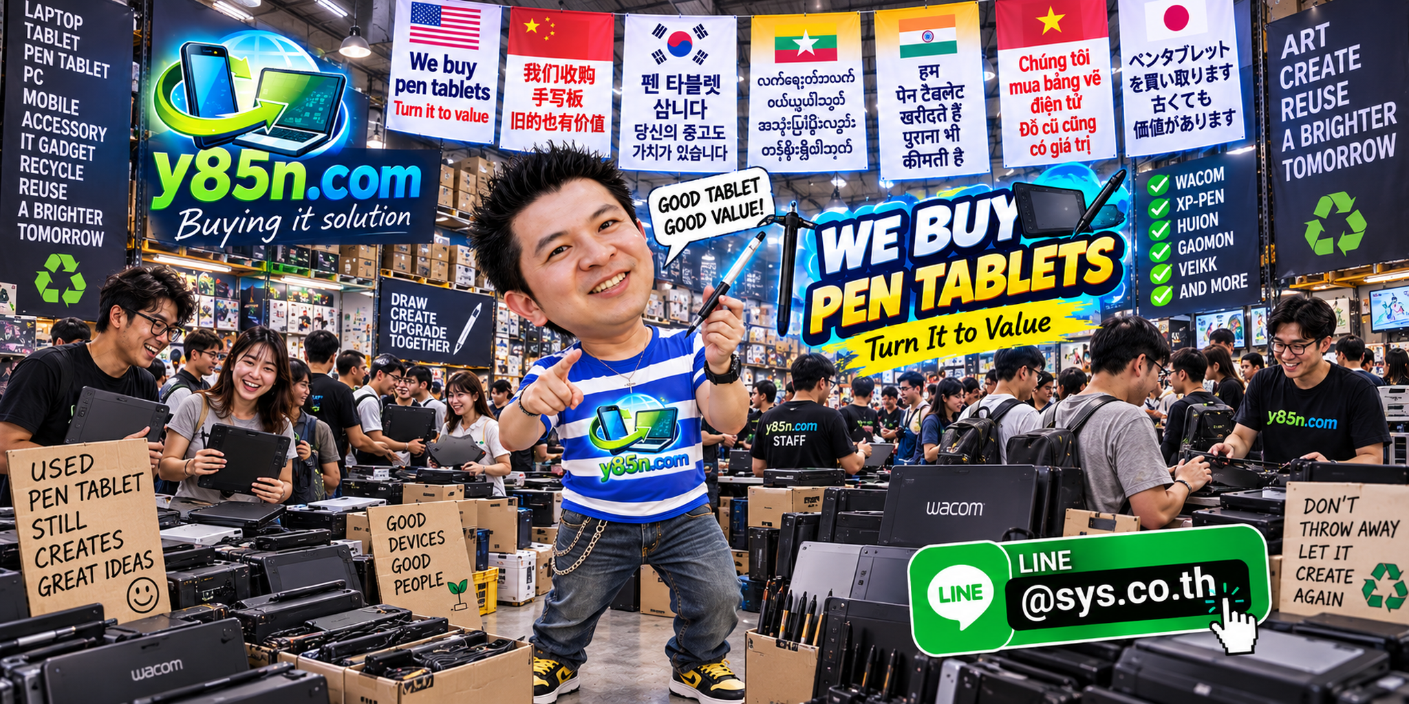 Busy Y85N.com warehouse buying used pen tablets and drawing tablets from sellers in Thailand