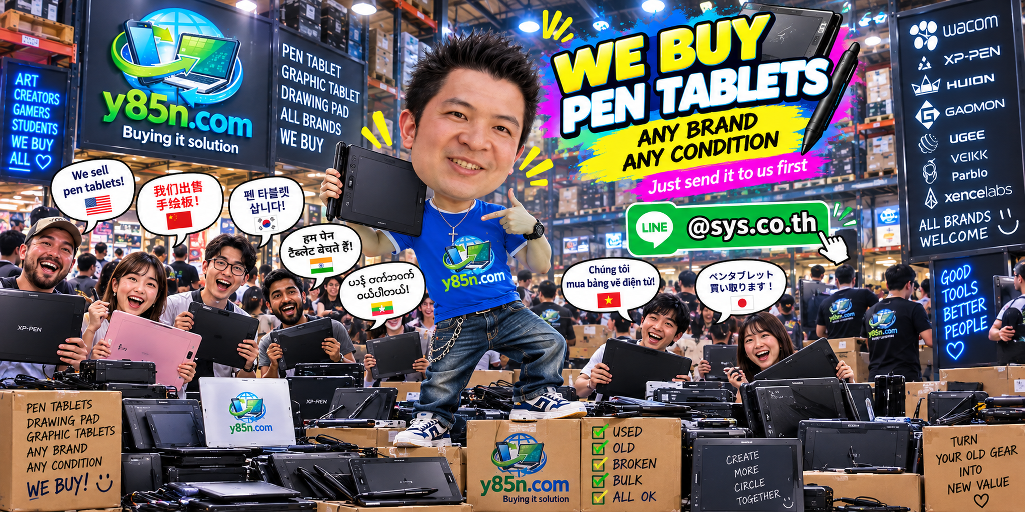 Y85N.com team and customers at a busy warehouse buying pen tablets and creative drawing equipment